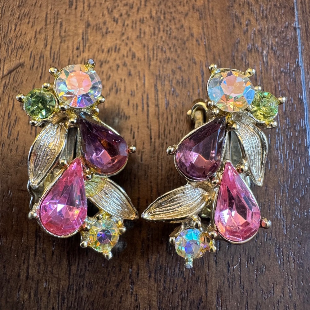 Vintage Rhinestone Clip-On Earrings Gold Tone Pink Purple Floral Cluster